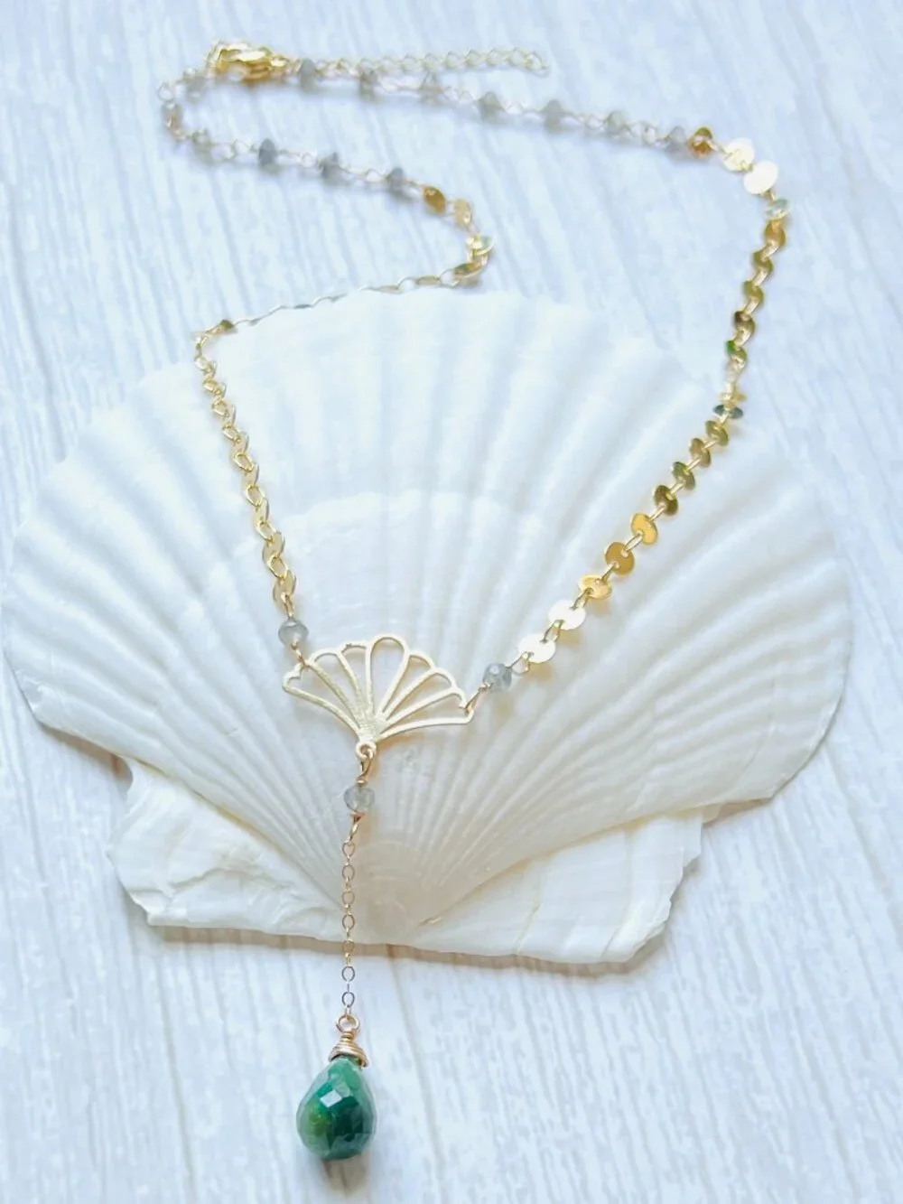 Genuine Emerald Necklace | Gold filled coin chain | Fan charm art deco necklace